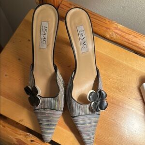 Isaac Mizrahi Black and Cream Mules with Kitten Heel